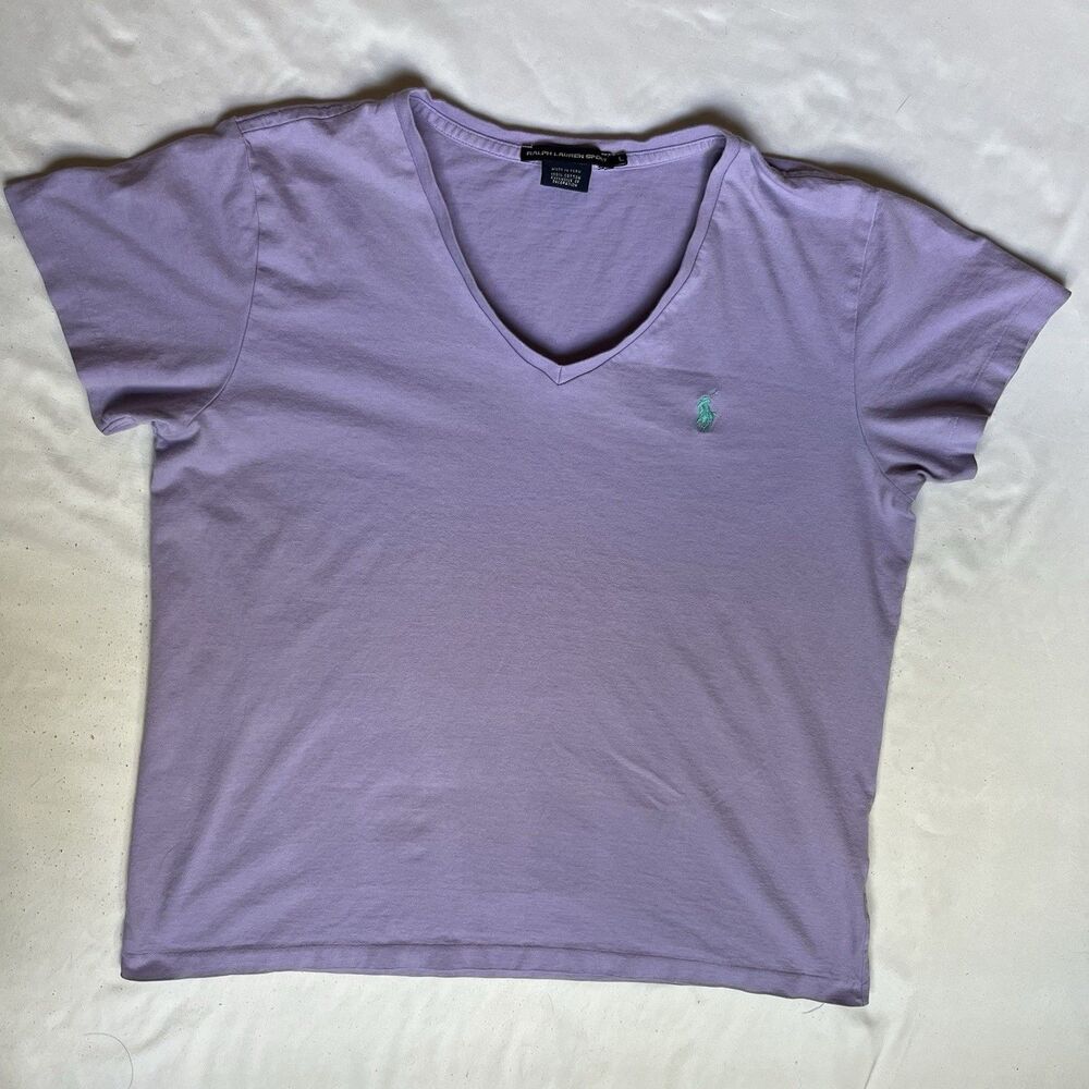 Ralph Lauren Sport Purple V-Neck Tee Shirt Women’s L Green Pony